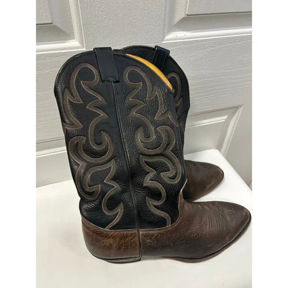Vintage Nocona Cowboy Boots Men’s 11D USA Brown Black Leather Western Stitch